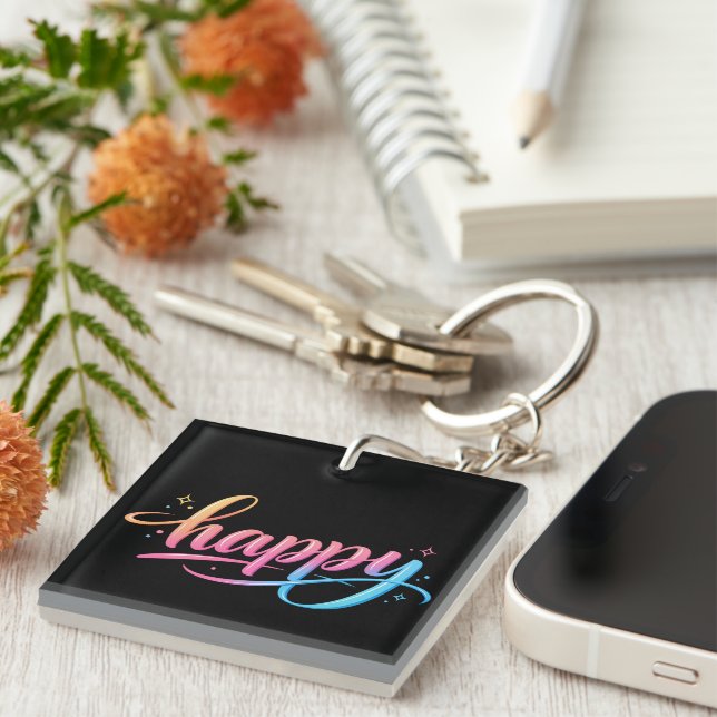 Vibrant Pastel Gradient HAPPY Typography - Modern  Key Ring (Front Right)