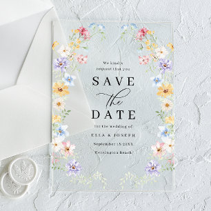 Vibrant Pastel Wildflowers Wedding Save The Date Acrylic Invitations