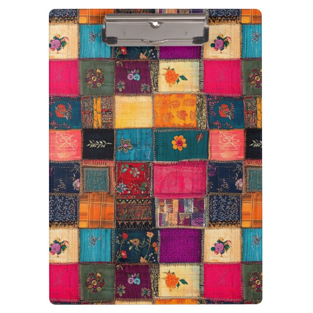 Vibrant Patchwork Quilt with Classic Florals Clipboard (Front)