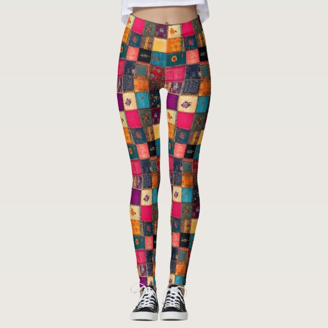 Vibrant Patchwork Quilt with Classic Florals Leggings (Front)