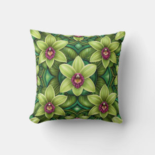 Vibrant pattern of green leaves and flowers  cushion