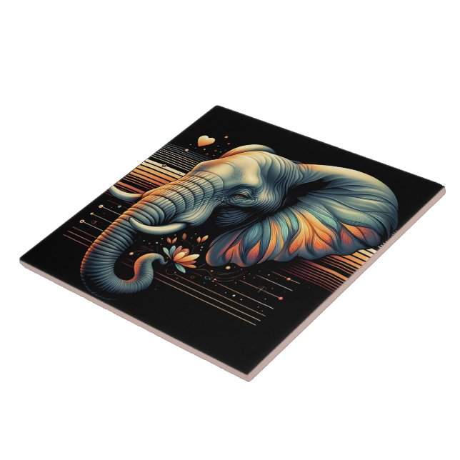 Vibrant-patterned elephant at sunset ceramic tile (Side)