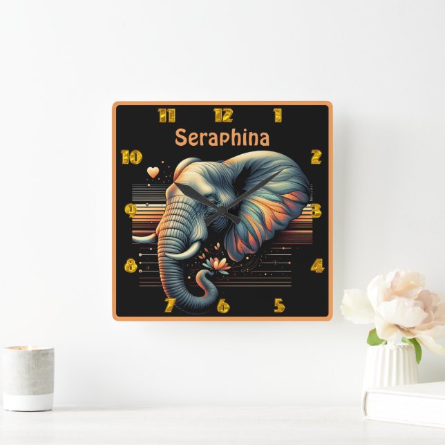 Vibrant-patterned elephant at sunset square wall clock (Home)
