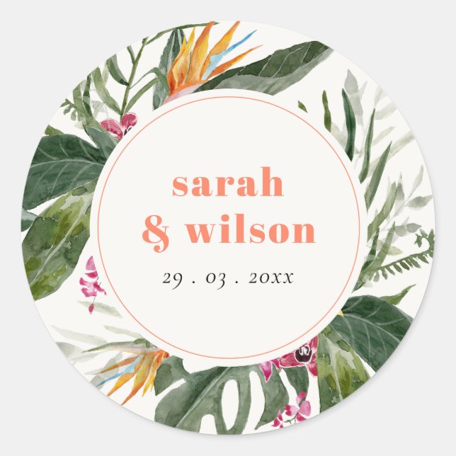 Vibrant Peach Blush Boho Tropical Floral Wedding Classic Round Sticker (Front)