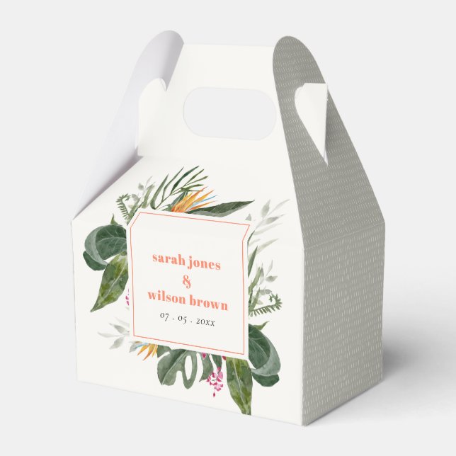 Vibrant Peach Blush Boho Tropical Floral Wedding Favour Box (Front Side)