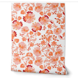 Vibrant peach, coral, and orange floral/botanical wallpaper