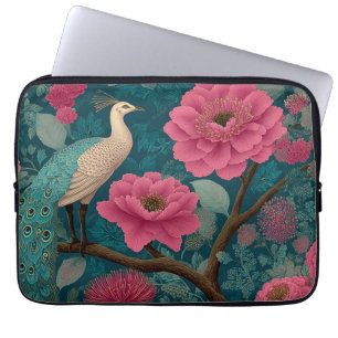Vibrant Peacock and Pink Floral Pattern Laptop Sleeve