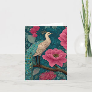 Vibrant Peacock and Pink Floral Pattern Note Card