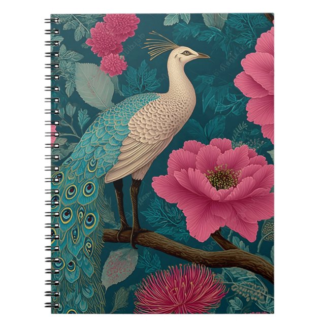 Vibrant Peacock and Pink Floral Pattern Notebook (Front)
