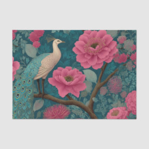 Vibrant Peacock and Pink Floral Pattern Tissue Paper