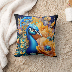 Vibrant Peacock Displaying Feathers Among Flowers Cushion
