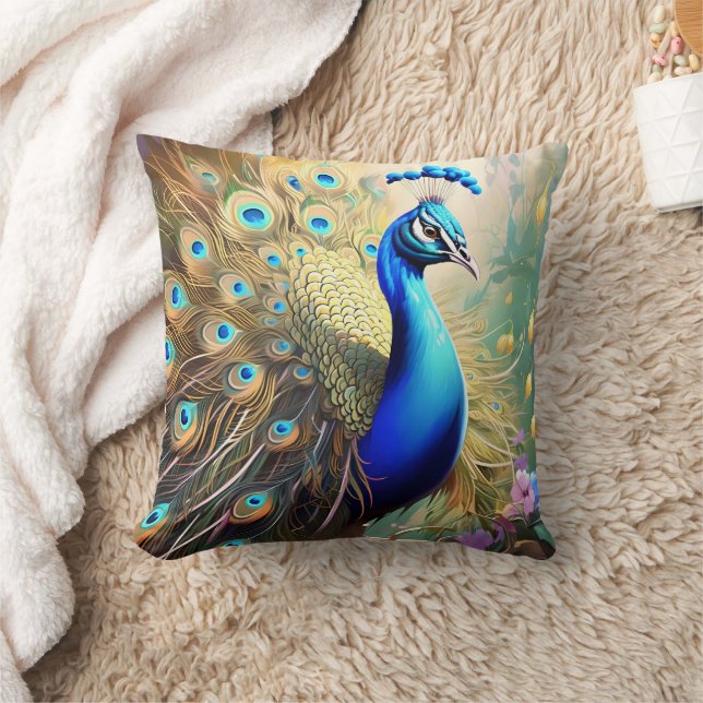 Vibrant Peacock Displaying Its Feathered Plumage Cushion (Blanket)