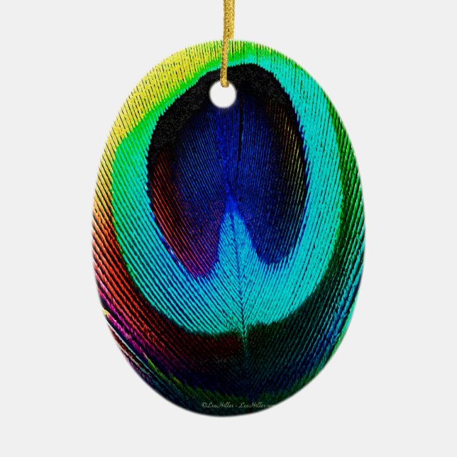 Vibrant Peacock Feather Ceramic Ornament (Front)