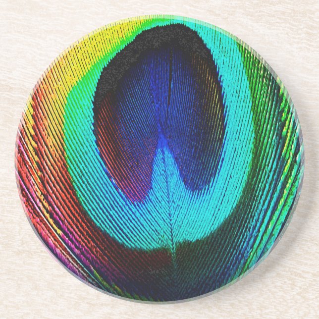 Vibrant Peacock Feather Coaster (Front)