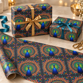 Vibrant Peacock Feather Pattern Kaleidoscope Wrapping Paper