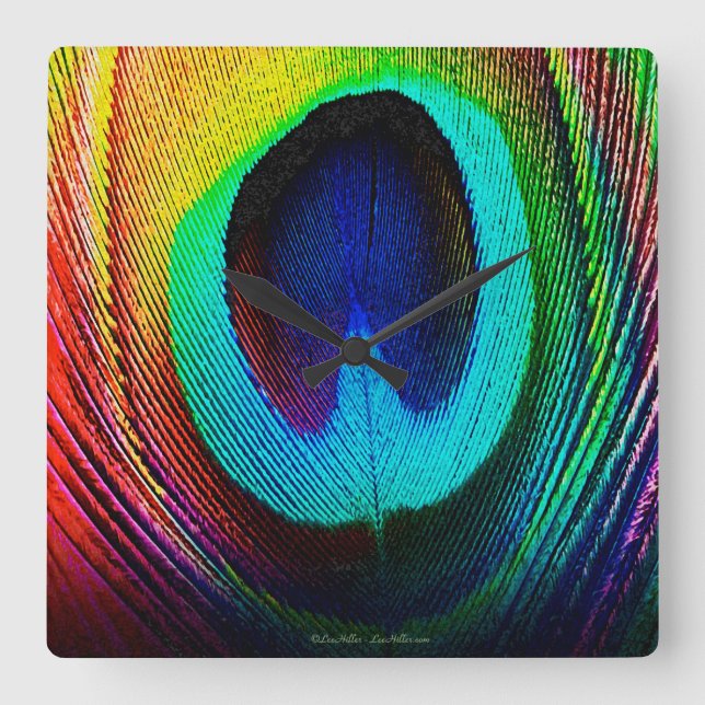 Vibrant Peacock Feather Square Wall Clock (Front)