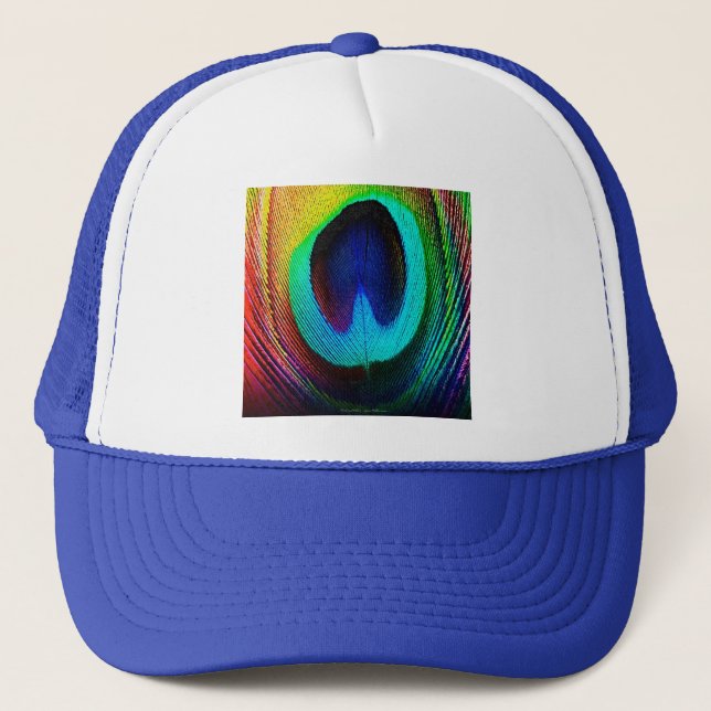 Vibrant Peacock Feather Trucker Hat (Front)