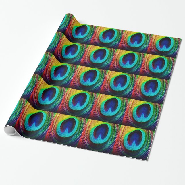 Vibrant Peacock Feather Wrapping Paper (Unrolled)