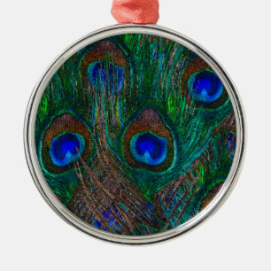Vibrant Peacock Feathers Etching Style Decor Metal Tree Decoration