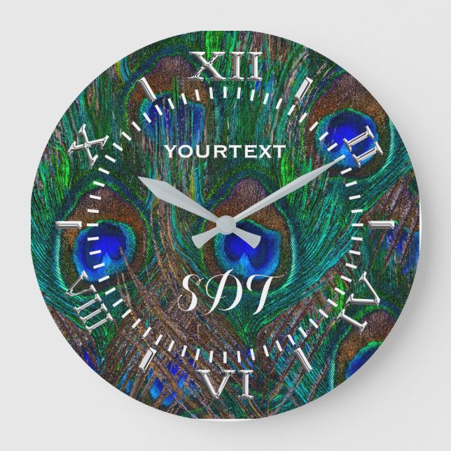 Vibrant Peacock Feathers Etching Style Dial on a Large Clock (Front)