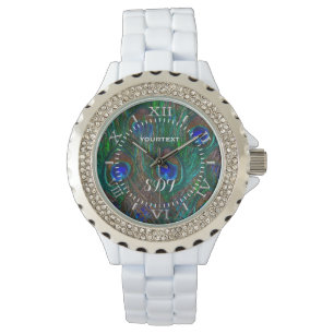 Vibrant Peacock Feathers Etching Style Dial Watch