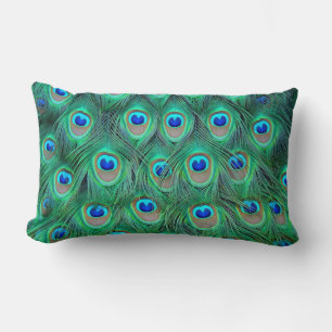 Vibrant Peacock Feathers Lumbar Cushion