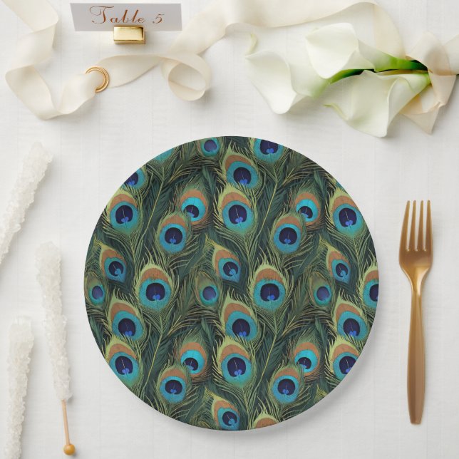 Vibrant Peacock Feathers Paper Plate (Wedding)