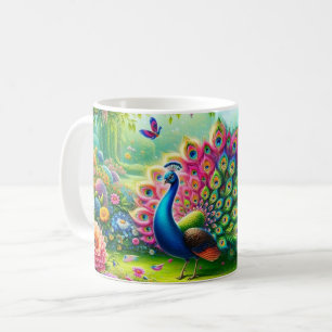 Vibrant Peacock in a Fantasy Garden Painting Coffee Mug