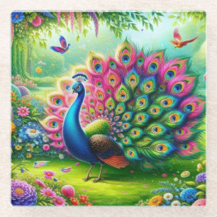 Vibrant Peacock in a Fantasy Garden Painting Glass Coaster