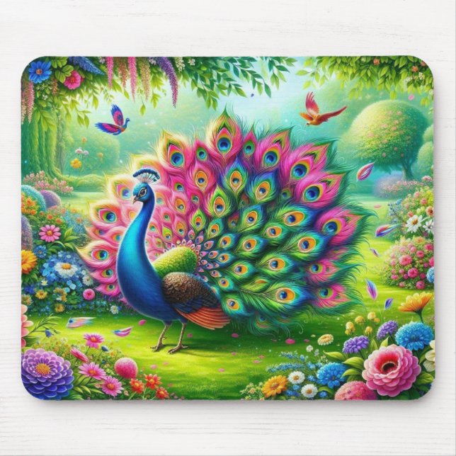 Vibrant Peacock in a Fantasy Garden Painting Mouse Pad (Front)
