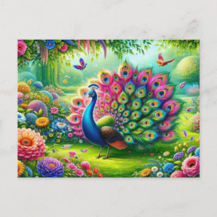 Vibrant Peacock in a Fantasy Garden Painting Postcard