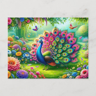 Vibrant Peacock in a Fantasy Garden Painting Postcard