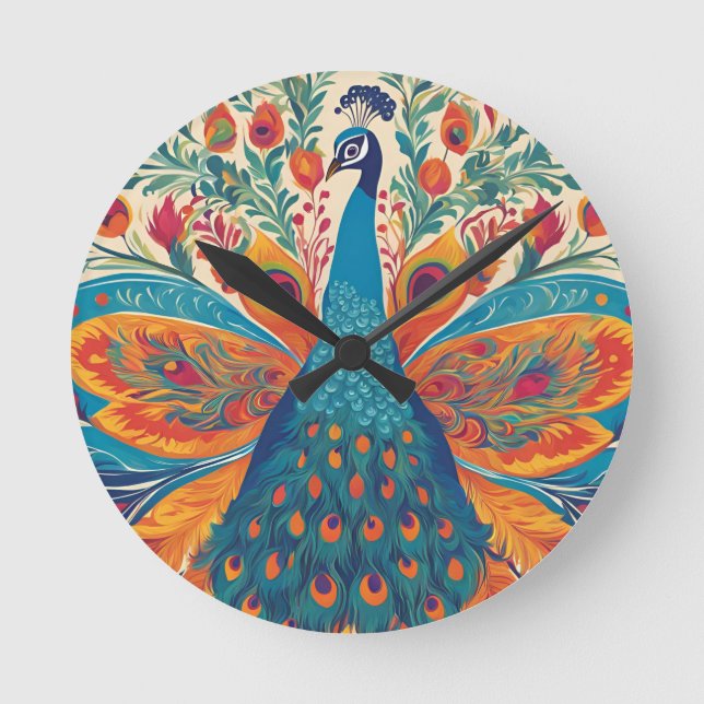 "Vibrant Peacock in Mexican Folk Art Style  Round Clock (Front)