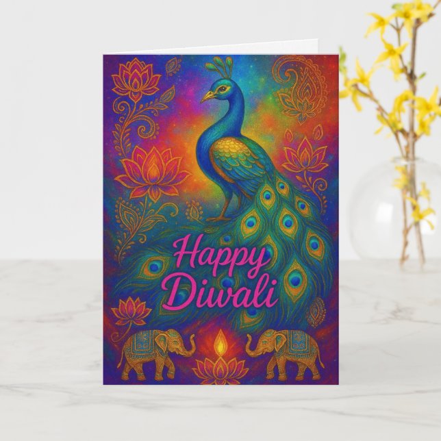 Vibrant Peacock & Lotus Happy Diwali Greeting Card (Yellow Flower)