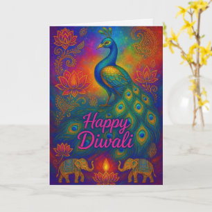 Vibrant Peacock & Lotus Happy Diwali Greeting Card