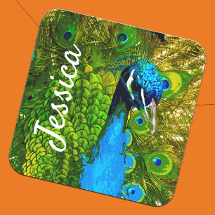 Vibrant Peacock + Name Bright Blue Green Feathers Square Sticker
