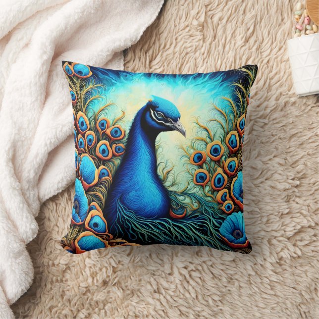 Vibrant Peacock Pair Amid Lush Flowers at Sunrise Cushion (Blanket)