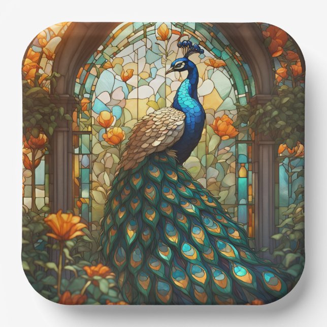 Vibrant Peacock Paper Plates: The Elegant Table Plate (Front)