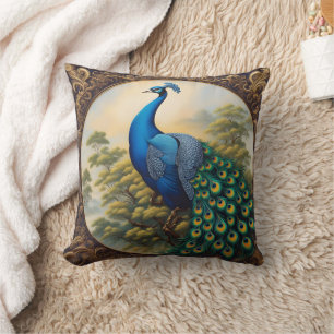 Vibrant Peacock Perched Amidst Lush Greenery Cushion