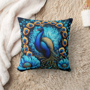 Vibrant Peacock Surrounded By Colourful Flowers Cushion