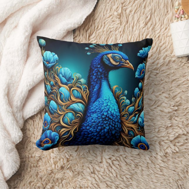 Vibrant Peacock Surrounded by Colourful Flowers Cushion (Blanket)