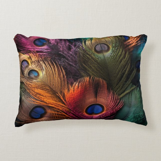 Vibrant peacock tail showcases decorative cushion (Front)