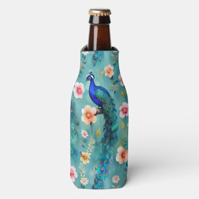 Vibrant Peacock With Feathers & Lush Florals Bottle Cooler (Bottle Front)