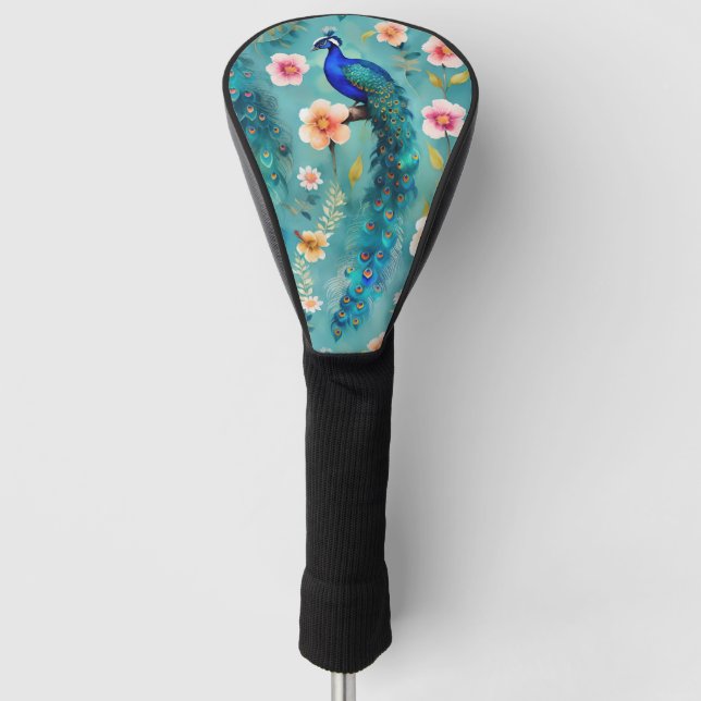 Vibrant Peacock With Feathers & Lush Florals Golf Head Cover (Front)