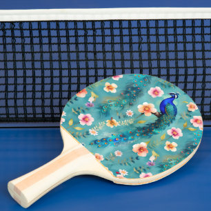 Vibrant Peacock With Feathers & Lush Florals Ping Pong Paddle