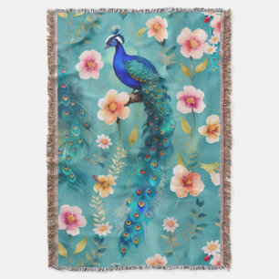 Vibrant Peacock With Feathers & Lush Florals Throw Blanket