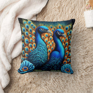 Vibrant Peacocks Displaying Beauty Among Flowers Cushion