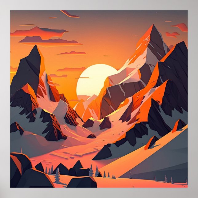 Vibrant peak: A snowy mountain at sunset. Poster (Front)