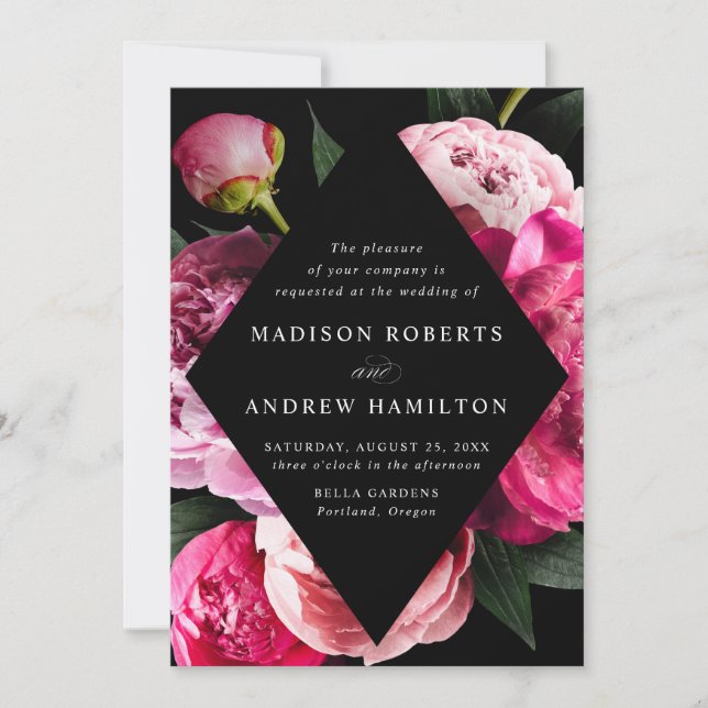 Vibrant Peonies Black Diamond Floral Frame Wedding Invitation (Front)