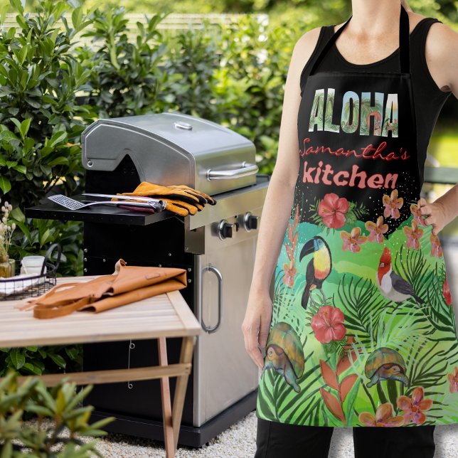Vibrant Personalised ALOHA with Name Kitchen Apron (Vibrant Personalized ALOHA with Name Kitchen Apron)